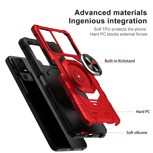 For Alcatel Jitterbug Smart 4 Case [Military Grade] Ring Car Mount Kickstand w/[Tempered Glass] Hybrid Hard PC Soft TPU Shockproof Protective Case - Red