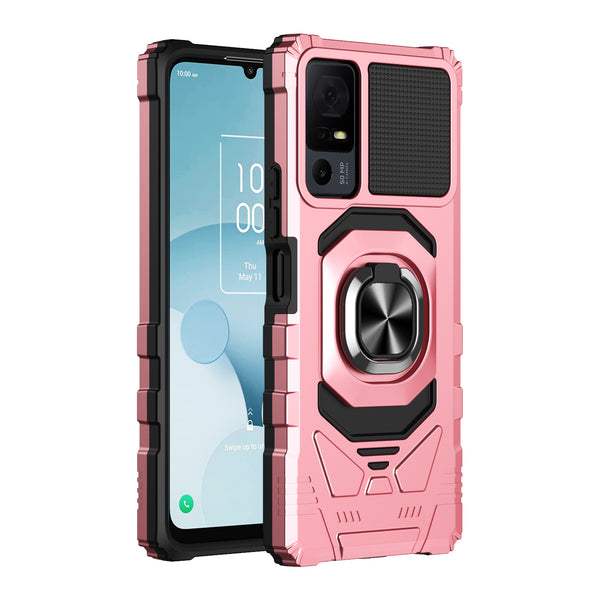 For Alcatel Jitterbug Smart 4 Case [Military Grade] Ring Car Mount Kickstand w/[Tempered Glass] Hybrid Hard PC Soft TPU Shockproof Protective Case - Rose Gold