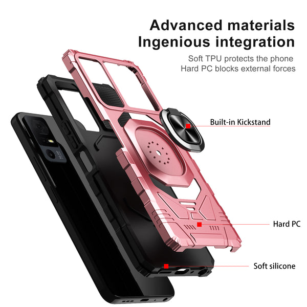 For Alcatel Jitterbug Smart 4 Case [Military Grade] Ring Car Mount Kickstand w/[Tempered Glass] Hybrid Hard PC Soft TPU Shockproof Protective Case - Rose Gold