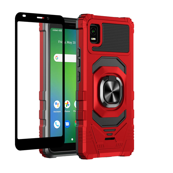 For Cricket Vision Plus Case [Military Grade] Ring Car Mount Kickstand w/[Tempered Glass] Hybrid Hard PC Soft TPU Shockproof Protective Case - Red
