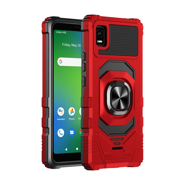 For Cricket Debut Smart Case [Military Grade] Ring Car Mount Kickstand w/[Tempered Glass] Hybrid Hard PC Soft TPU Shockproof Protective Case - Red