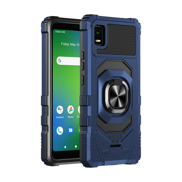 For Cricket Debut Smart Case [Military Grade] Ring Car Mount Kickstand w/[Tempered Glass] Hybrid Hard PC Soft TPU Shockproof Protective Case - Blue