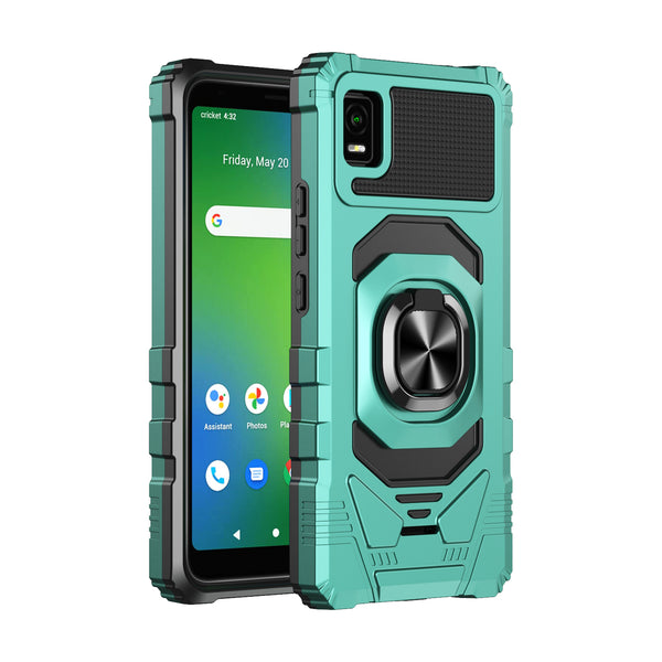For Cricket Debut Smart Case [Military Grade] Ring Car Mount Kickstand w/[Tempered Glass] Hybrid Hard PC Soft TPU Shockproof Protective Case - Teal