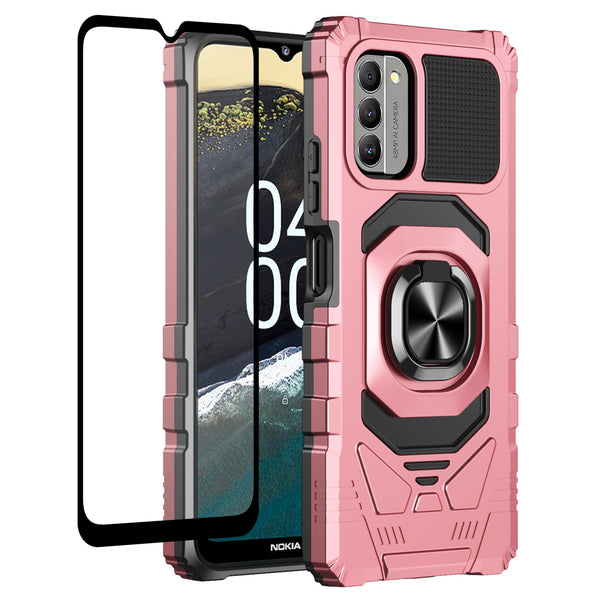 For Nokia G400 5G Case [Military Grade] Ring Car Mount Kickstand w/[Tempered Glass] Hybrid Hard PC Soft TPU Shockproof Protective Case - Rose Gold