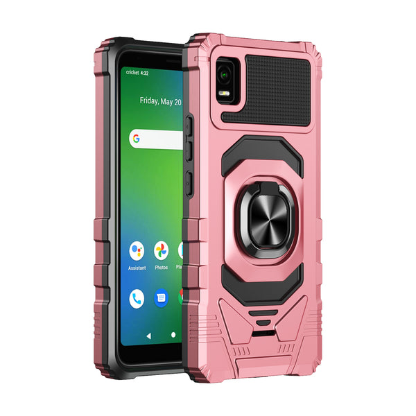 For Cricket Debut Smart Case [Military Grade] Ring Car Mount Kickstand w/[Tempered Glass] Hybrid Hard PC Soft TPU Shockproof Protective Case - Rose Gold