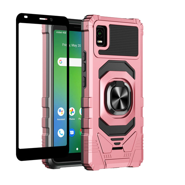 For Cricket Vision Plus Case [Military Grade] Ring Car Mount Kickstand w/[Tempered Glass] Hybrid Hard PC Soft TPU Shockproof Protective Case - Rose Gold