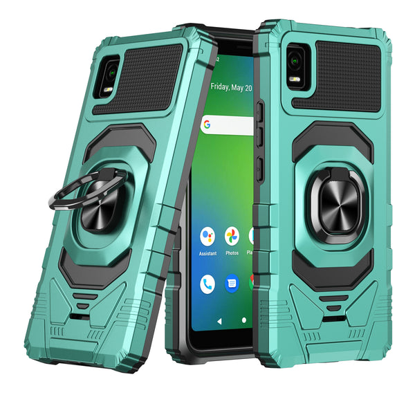 For Cricket Debut Smart Case [Military Grade] Ring Car Mount Kickstand w/[Tempered Glass] Hybrid Hard PC Soft TPU Shockproof Protective Case - Teal