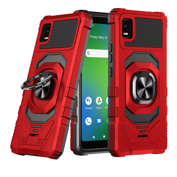 For Cricket Debut Smart Case [Military Grade] Ring Car Mount Kickstand w/[Tempered Glass] Hybrid Hard PC Soft TPU Shockproof Protective Case - Red