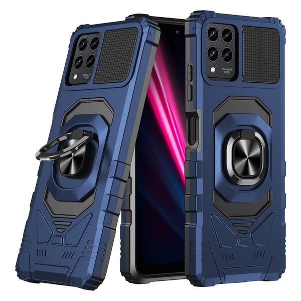 For T-Mobile REVVL 6 Pro 5G Case [Military Grade] Ring Car Mount Kickstand w/[Tempered Glass] Hybrid Hard PC Soft TPU Shockproof Protective Case - Blue