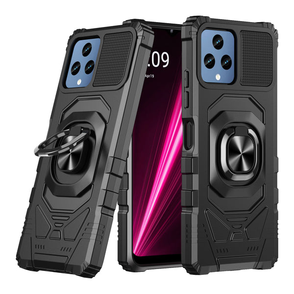 For T-Mobile REVVL 6 5G Case [Military Grade] Ring Car Mount Kickstand w/[Tempered Glass] Hybrid Hard PC Soft TPU Shockproof Protective Case - Black