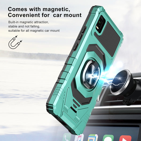 For Cricket Debut Smart Case [Military Grade] Ring Car Mount Kickstand w/[Tempered Glass] Hybrid Hard PC Soft TPU Shockproof Protective Case - Teal