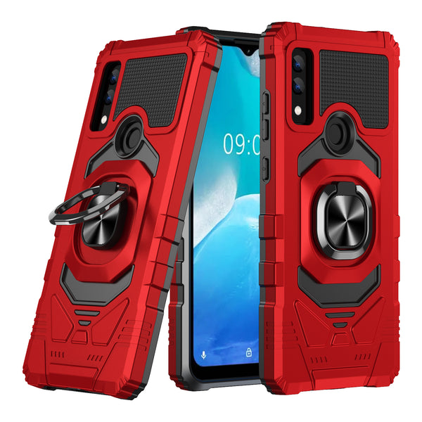 For AT&T Maestro 3 Case [Military Grade] Ring Car Mount Kickstand w/[Tempered Glass] Hybrid Hard PC Soft TPU Shockproof Protective Case - Red