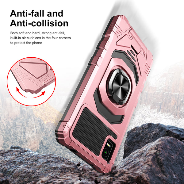 For Cricket Debut Smart Case [Military Grade] Ring Car Mount Kickstand w/[Tempered Glass] Hybrid Hard PC Soft TPU Shockproof Protective Case - Rose Gold