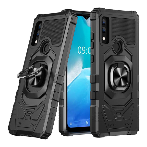 For AT&T Maestro 3 Case [Military Grade] Ring Car Mount Kickstand w/[Tempered Glass] Hybrid Hard PC Soft TPU Shockproof Protective Case - Black