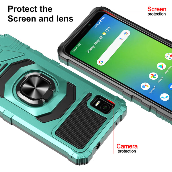 For Cricket Debut Smart Case [Military Grade] Ring Car Mount Kickstand w/[Tempered Glass] Hybrid Hard PC Soft TPU Shockproof Protective Case - Teal