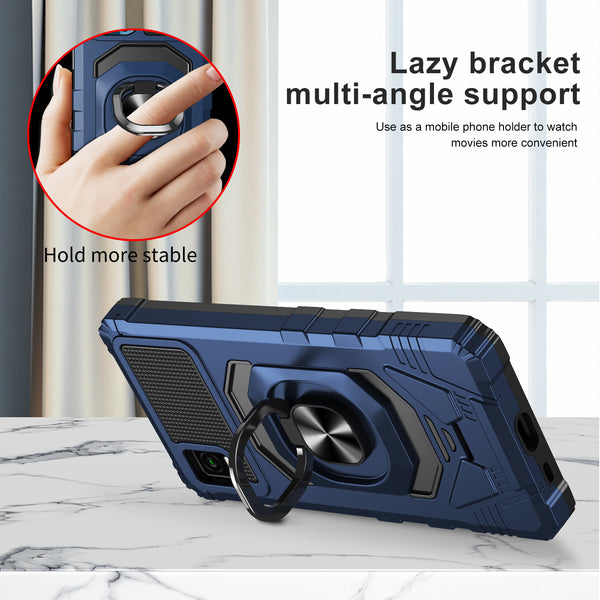 For Cricket Debut Smart Case [Military Grade] Ring Car Mount Kickstand w/[Tempered Glass] Hybrid Hard PC Soft TPU Shockproof Protective Case - Blue
