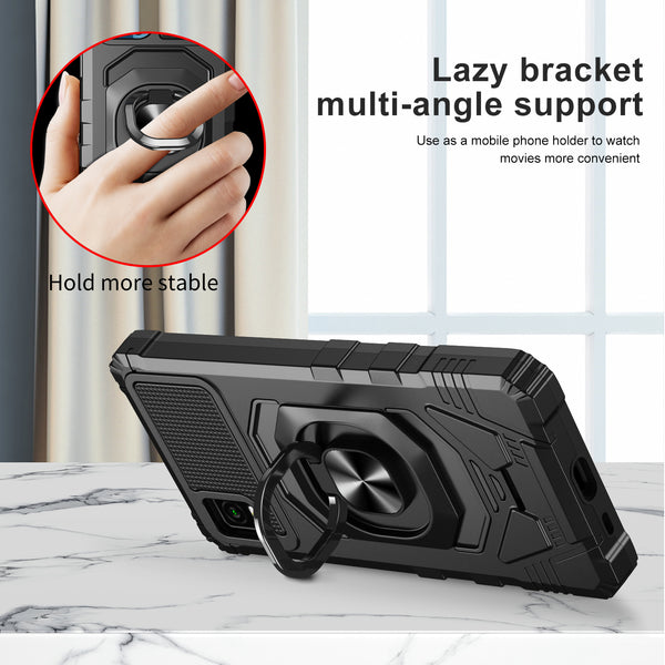 For Cricket Debut Smart Case [Military Grade] Ring Car Mount Kickstand w/[Tempered Glass] Hybrid Hard PC Soft TPU Shockproof Protective Case - Black