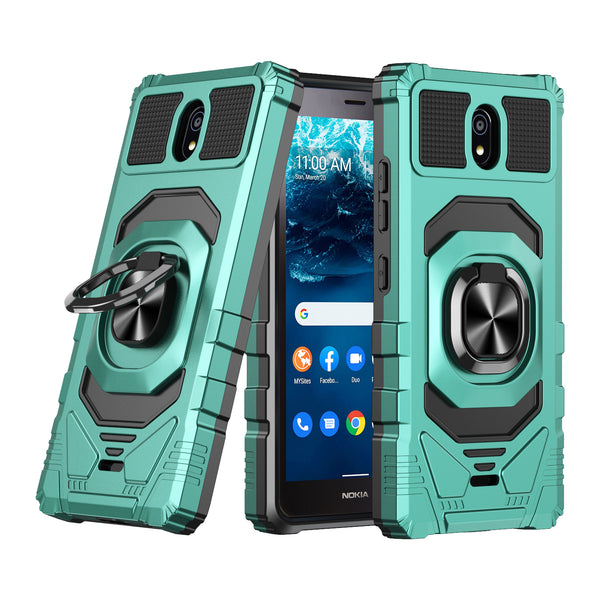 For Nokia C100 Case [Military Grade] Ring Car Mount Kickstand w/[Tempered Glass] Hybrid Hard PC Soft TPU Shockproof Protective Case - Teal
