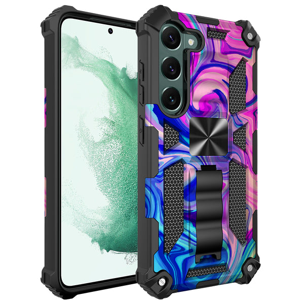 For Samsung Galaxy S23 Plus Case [Military Grade] Ring Car Mount Kickstand w/[Tempered Glass] Hybrid Hard PC Soft TPU Shockproof Protective Case -Rainbow Camo