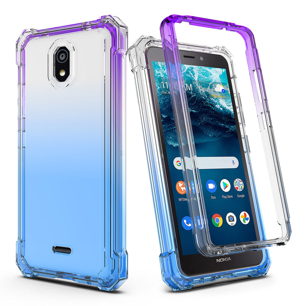 For Nokia C100 Case with Temper Glass Screen Protector Full-Body Rugged Protection - Clear/Blue/Purple