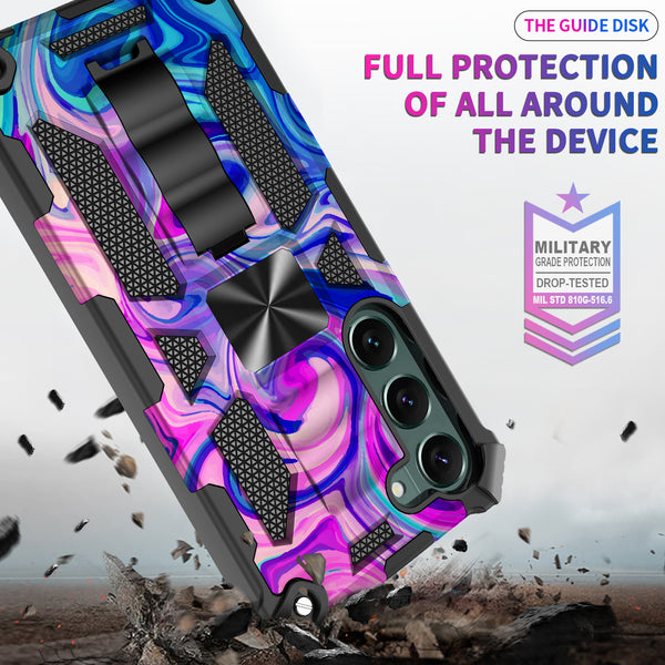 For Samsung Galaxy S23 Plus Case [Military Grade] Ring Car Mount Kickstand w/[Tempered Glass] Hybrid Hard PC Soft TPU Shockproof Protective Case -Rainbow Camo
