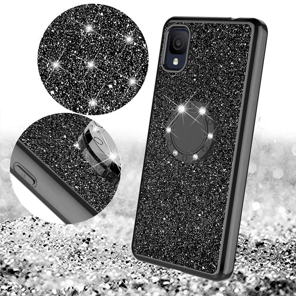 For TCL 30Z 30LE Case, Glitter Cute Phone Case Girls with Kickstand,Bling Diamond Rhinestone Bumper Ring Stand Sparkly Luxury Clear Thin Soft Protective TCL 30Z 30LE Case for Girl Women - Black