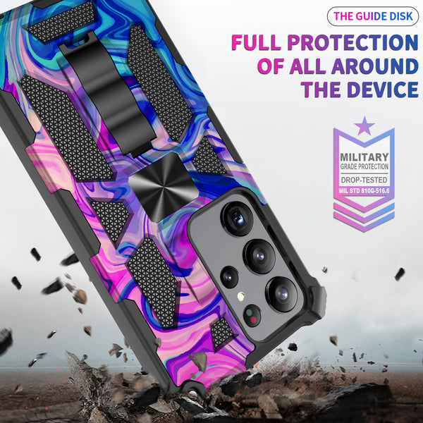 For Samsung Galaxy S23 Ultra Case [Military Grade] Ring Car Mount Kickstand w/[Tempered Glass] Hybrid Hard PC Soft TPU Shockproof Protective Case -Rainbow Camo