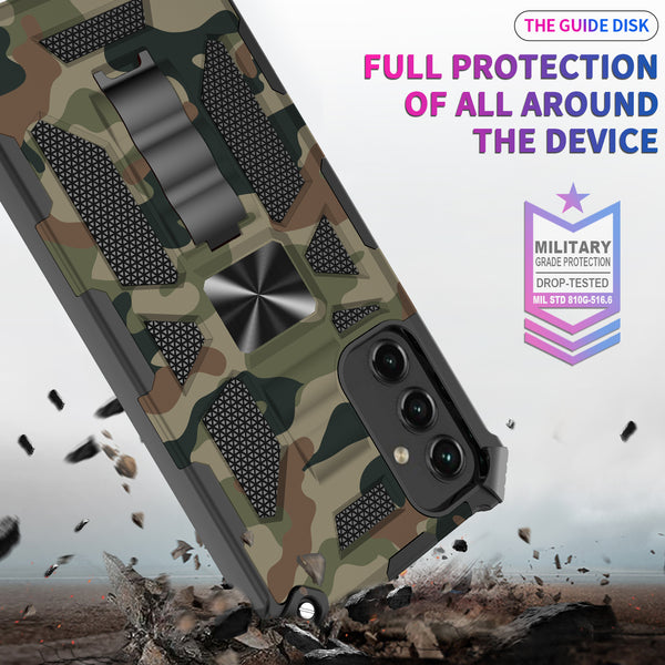 For Samsung Galaxy A14 5G Case [Military Grade] Ring Car Mount Kickstand w/[Tempered Glass] Hybrid Hard PC Soft TPU Shockproof Protective Case - Green Camo