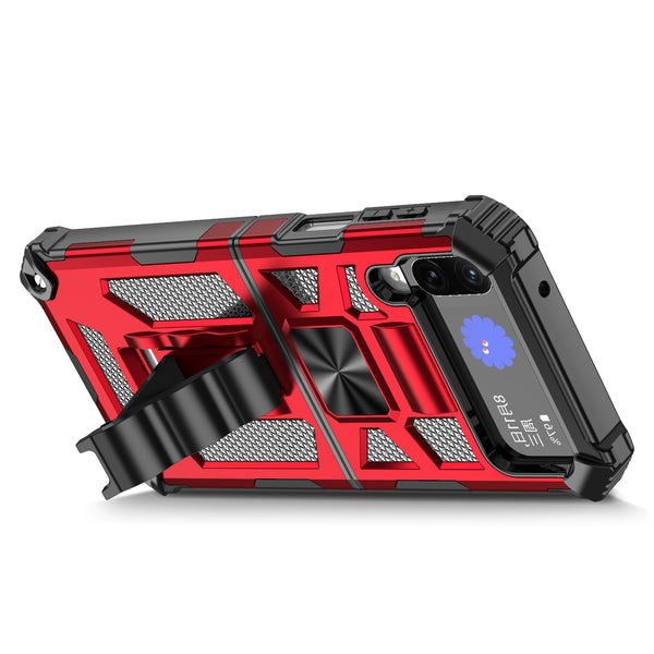 For Samsung Galaxy Z Flip4 Case [Military Grade] Ring Car Mount Kickstand w/[Tempered Glass] Hybrid Hard PC Soft TPU Shockproof Protective Case -Red