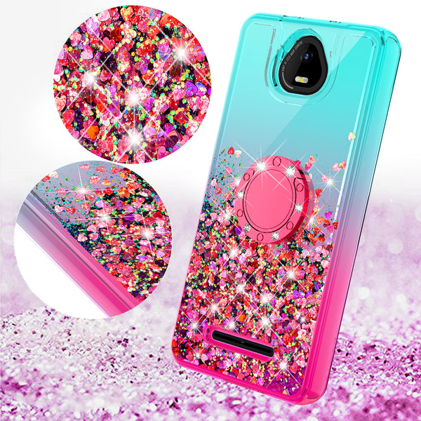 Glitter Phone Case Kickstand Compatible for Boost Schok Volt Case, SV55 Case,Ring Stand Liquid Floating Quicksand Bling Sparkle Protective Girls Women for Boost Schok Volt W/Temper Glass - (Teal/Pink Gradient)