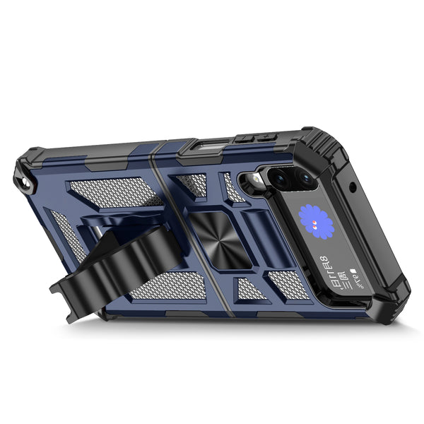 Samsung Galaxy Z Flip4 Case [Military Grade] Ring Car Mount Kickstand w/[Tempered Glass] Hybrid Hard PC Soft TPU Shockproof Protective Case -Blue