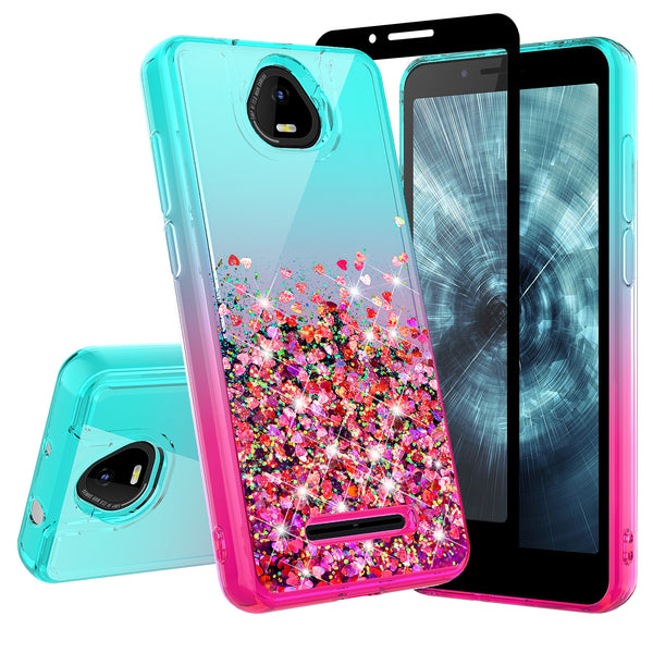 For Boost Schok Volt SV55 Case Liquid Glitter Phone Case Waterfall Floating Quicksand Bling Sparkle Cute Protective Girls Women Cover for Boost Schok Volt SV55 W/Temper Glass -  (Teal/Pink Gradient)