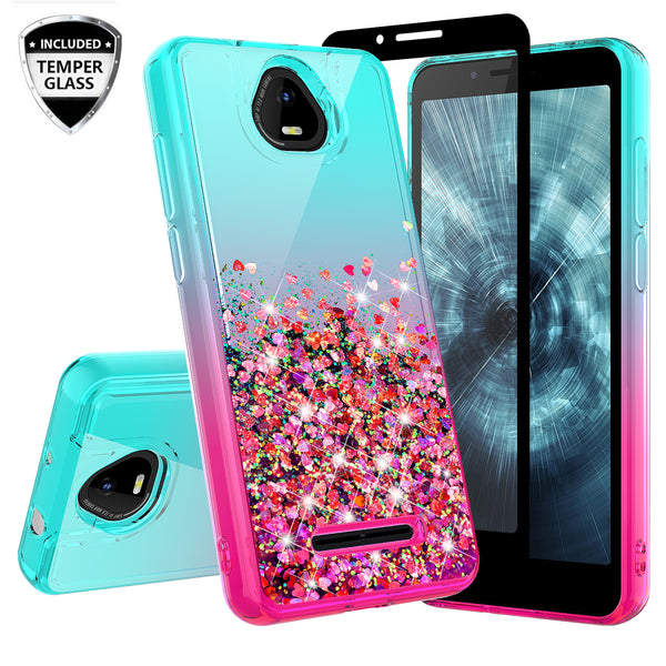 For Boost Schok Volt SV55 Case Liquid Glitter Phone Case Waterfall Floating Quicksand Bling Sparkle Cute Protective Girls Women Cover for Boost Schok Volt SV55 W/Temper Glass -  (Teal/Pink Gradient)