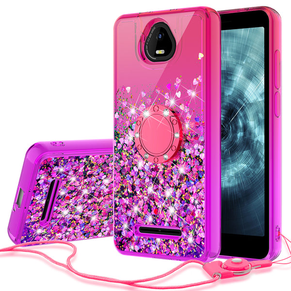 Glitter Phone Case Kickstand Compatible for Boost Schok Volt Case, SV55 Case,Ring Stand Liquid Floating Quicksand Bling Sparkle Protective Girls Women for Boost Schok Volt W/Temper Glass - (Hot Pink/Purple Gradient)