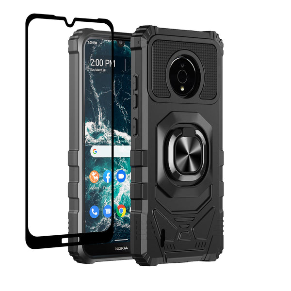 For Nokia C200 Case [Military Grade] Ring Car Mount Kickstand w/[Tempered Glass] Hybrid Hard PC Soft TPU Shockproof Protective Case - Black