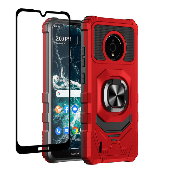 For Nokia C200 Case [Military Grade] Ring Car Mount Kickstand w/[Tempered Glass] Hybrid Hard PC Soft TPU Shockproof Protective Case - Red