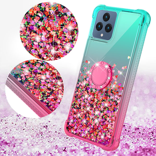 Glitter Phone Case Kickstand Compatible for T-Mobile Revvl 6 5G Case, Revvl 6 5G Case,Ring Stand Liquid Floating Quicksand Bling Sparkle Protective Girls Women for T-Mobile Revvl 6 5G W/Temper Glass - (Pink/Teal Gradient)