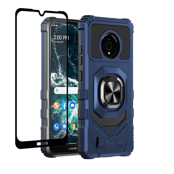 For Nokia C200 Case [Military Grade] Ring Car Mount Kickstand w/[Tempered Glass] Hybrid Hard PC Soft TPU Shockproof Protective Case - Blue