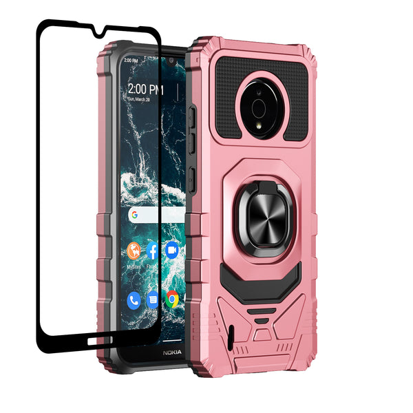 For Nokia C200 Case [Military Grade] Ring Car Mount Kickstand w/[Tempered Glass] Hybrid Hard PC Soft TPU Shockproof Protective Case - Rose Gold