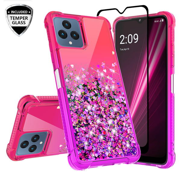For T-Mobile REVVL 6 5G Case Liquid Glitter Phone Case Waterfall Floating Quicksand Bling Sparkle Cute Protective Girls Women Cover for T-Mobile REVVL 6 5G W/Temper Glass - (Hot Pink/Purple Gradient)