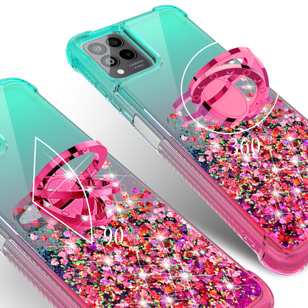 Glitter Phone Case Kickstand Compatible for T-Mobile Revvl 6 Pro 5G Case, Revvl 6 Pro 5G Case,Ring Stand Liquid Floating Quicksand Bling Sparkle Protective Girls Women for T-Mobile Revvl 6 Pro 5G W/Temper Glass - (Pink/Teal Gradient)