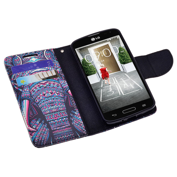 LG F70 Wallet Case [Card Slots + Money Pocket + Kickstand] and Strap - Tribal Elephant