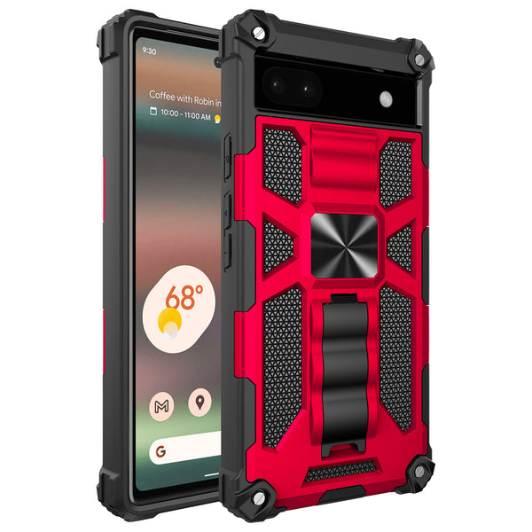 For Google Pixel 6A Case [Military Grade] Ring Car Mount Kickstand w/[Tempered Glass] Hybrid Hard PC Soft TPU Shockproof Protective Case - Red