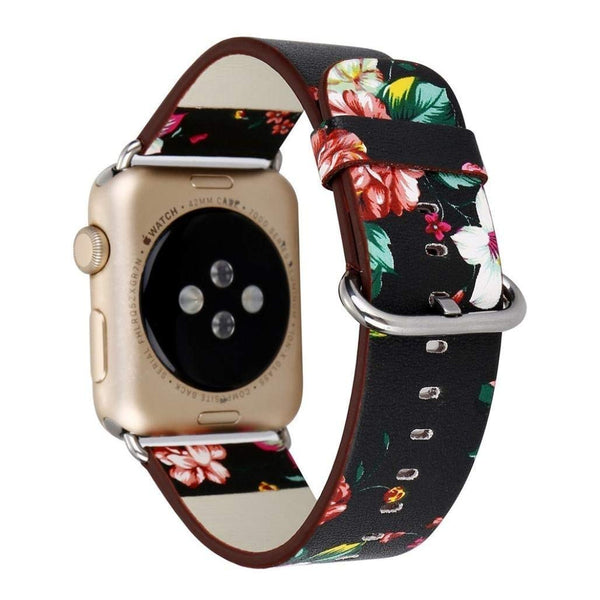 Black Floral Printed Leather Watch Band 38mm Strap - Black red flower - www.coverlabusa.com