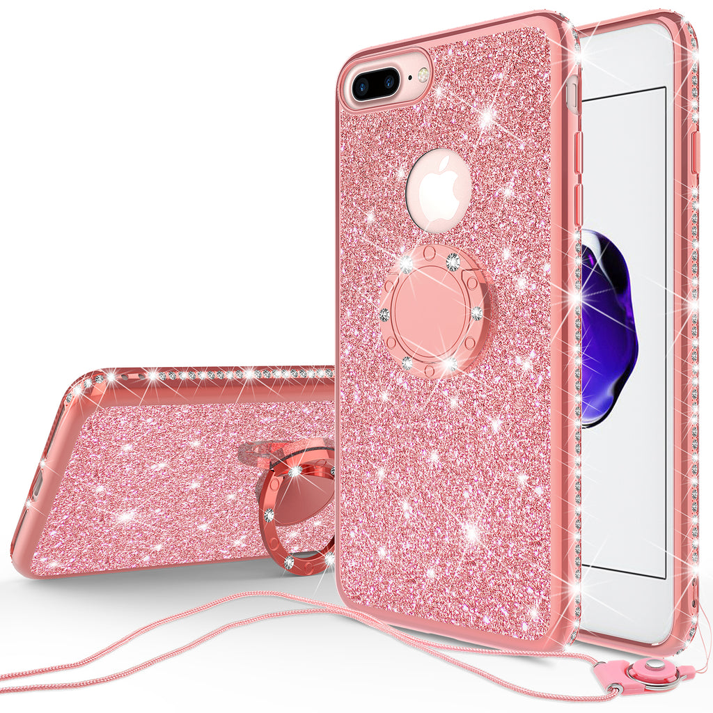 For iPhone 8 Plus/ 7 Plus Glitter Cute Phone Case Girls with Kickstand  Black