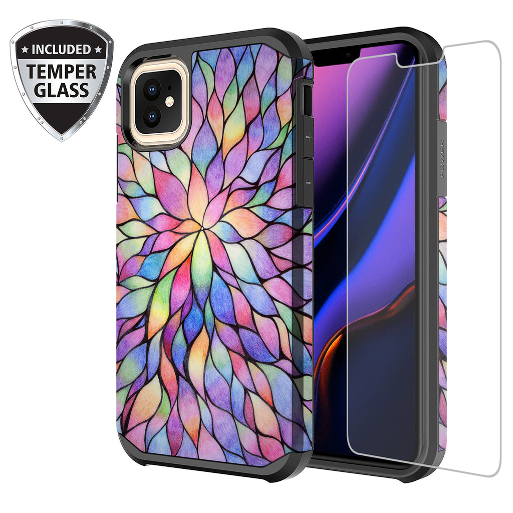 Apple iPhone 11 Pro Max , iPhone 11 Pro Max, [Include Temper Glass Screen Protector] Slim Hybrid Dual Layer [Shock Resistant] Case for iPhone 11 Pro Max - Rainbow Flower