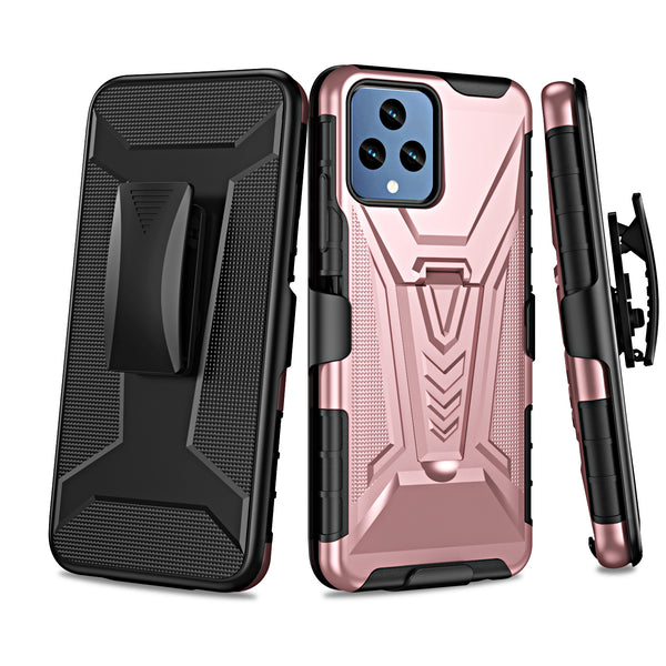 For T-Mobile REVVL 6 5G Case with Tempered Glass Screen Protector Heavy Duty Protective Phone Case,Built-in Kickstand Rugged Shockproof Protective Phone Case - Rose Gold