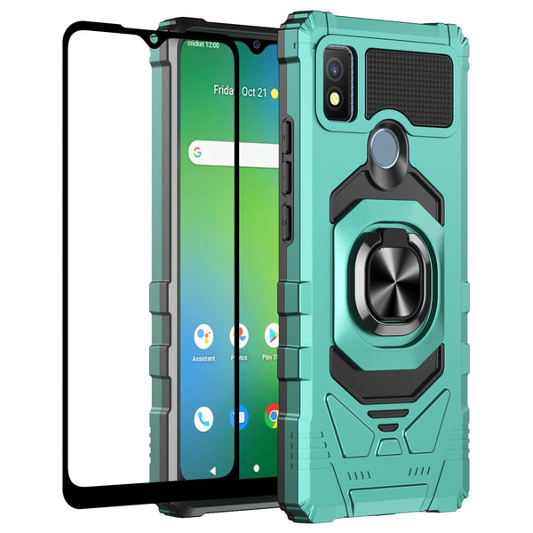 For Cricket Icon 4 Case [Military Grade] Ring Car Mount Kickstand w/[Tempered Glass] Hybrid Hard PC Soft TPU Shockproof Protective Case - Teal