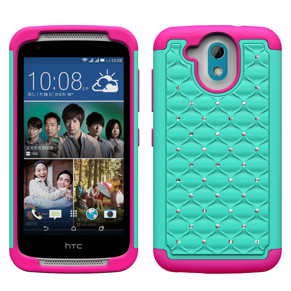 HTC Desire 526 Rhinestone Case - Teal/Hot Pink - www.coverlabusa.com