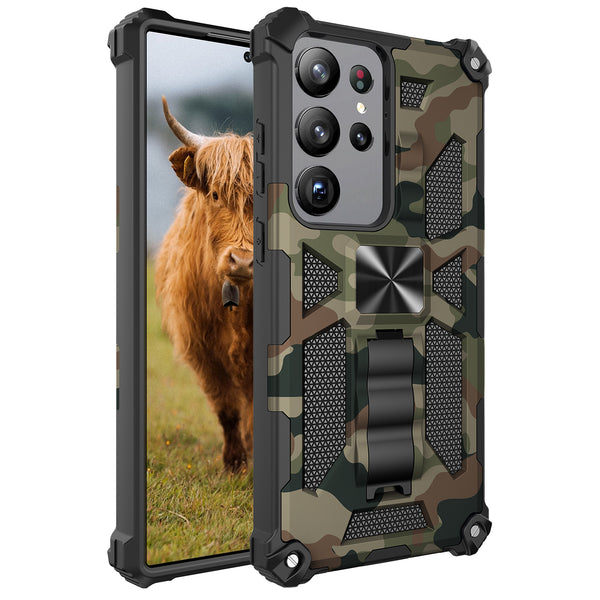 For Samsung Galaxy S23 Ultra Case [Military Grade] Ring Car Mount Kickstand w/[Tempered Glass] Hybrid Hard PC Soft TPU Shockproof Protective Case - Green Camo